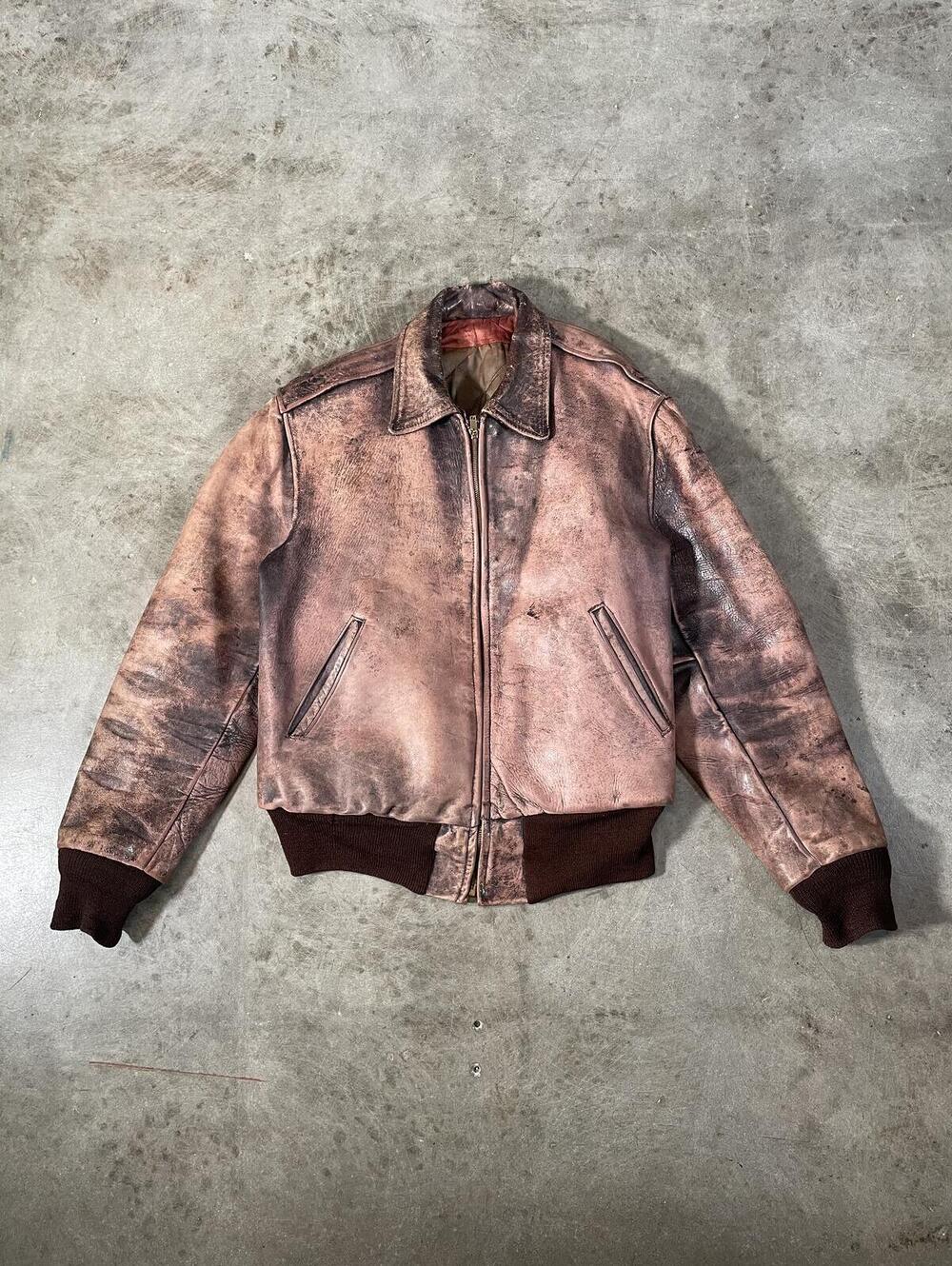 Vintage 40s Brown Leather Bomber Jacket distressed M 18x26